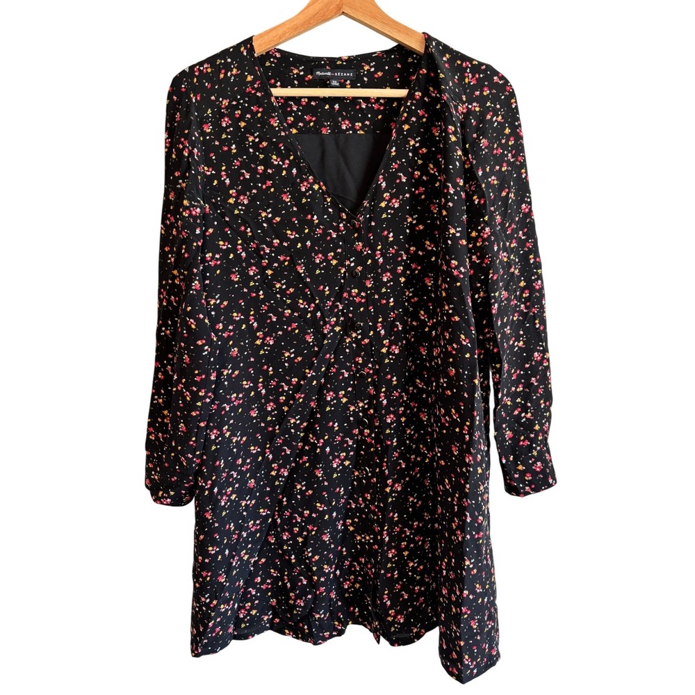 Madewell Sezane Silk Floral Shirt Mini Dress‎ Black Womens XS Chic French Girl